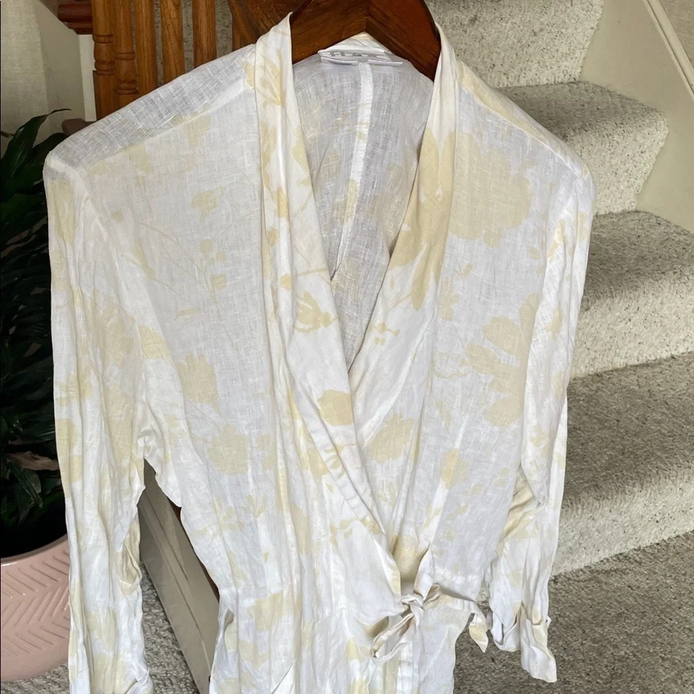 FLAX Elegant White Floral Pure Linen Women's Robe